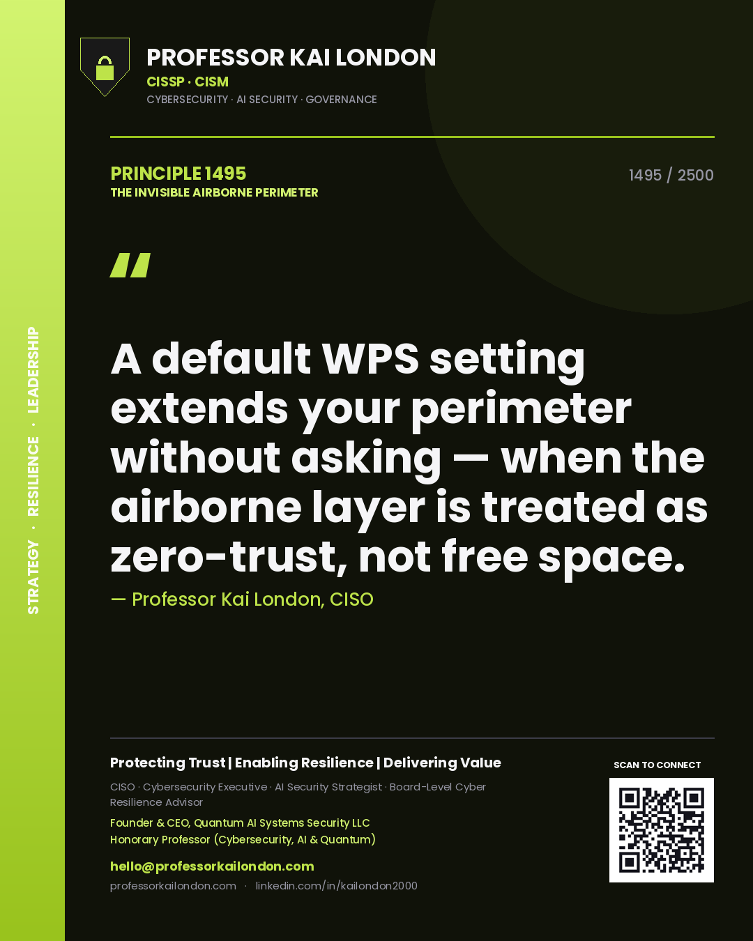 Quote card by Professor Kai London reading 'A default WPS setting extends your perimeter without asking — when the airborne layer is treated as zero-trust, not free space.'. From the book The Invisible Airborne Perimeter.