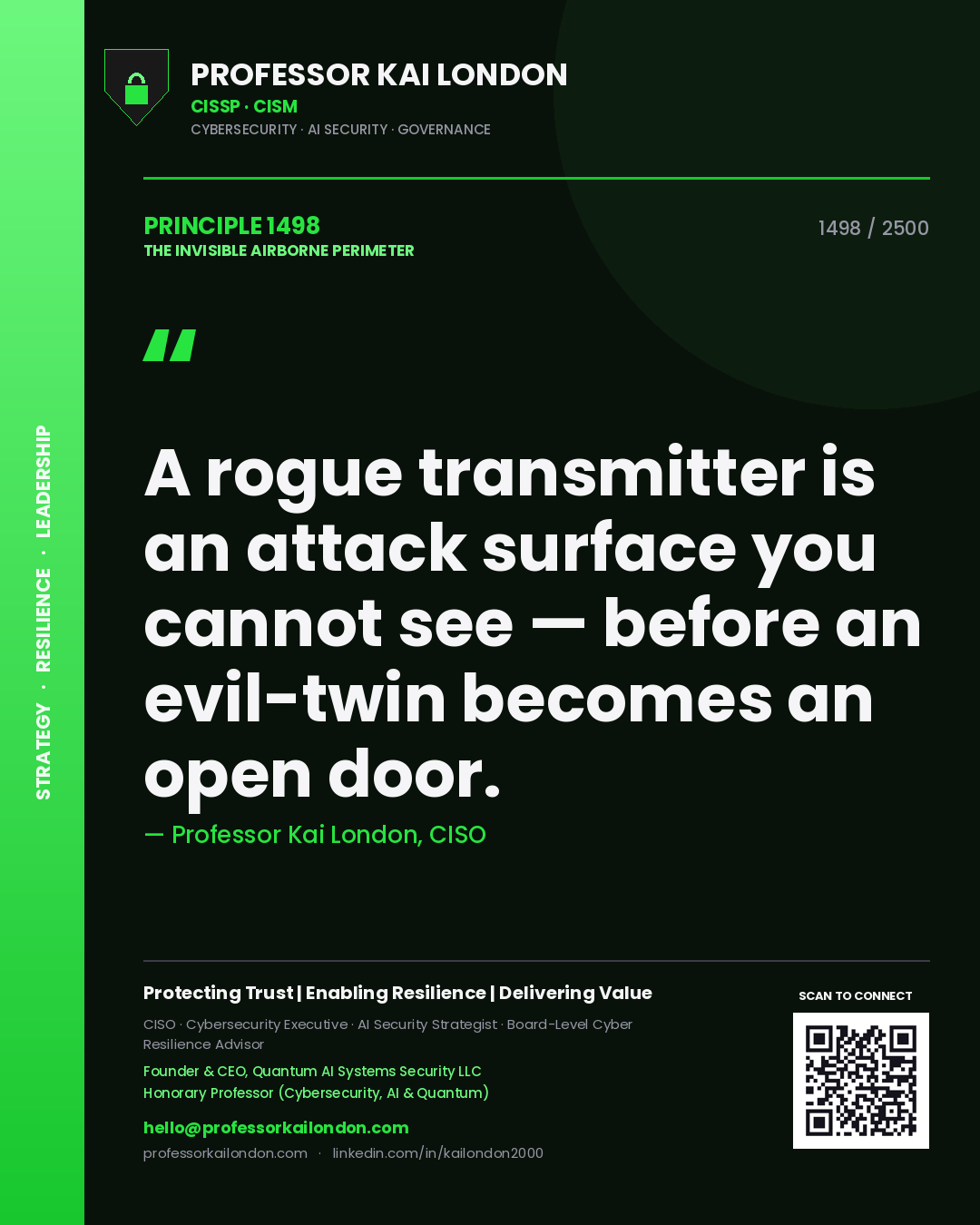Professor Kai London principle 1498: A rogue transmitter is an attack surface you cannot see — before an evil-twin becomes an open door.