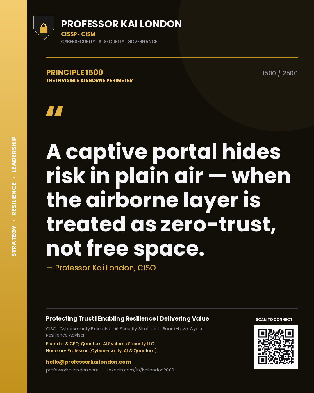 Quote card by Professor Kai London reading 'A captive portal hides risk in plain air — when the airborne layer is treated as zero-trust, not free space.'. From the book The Invisible Airborne Perimeter.