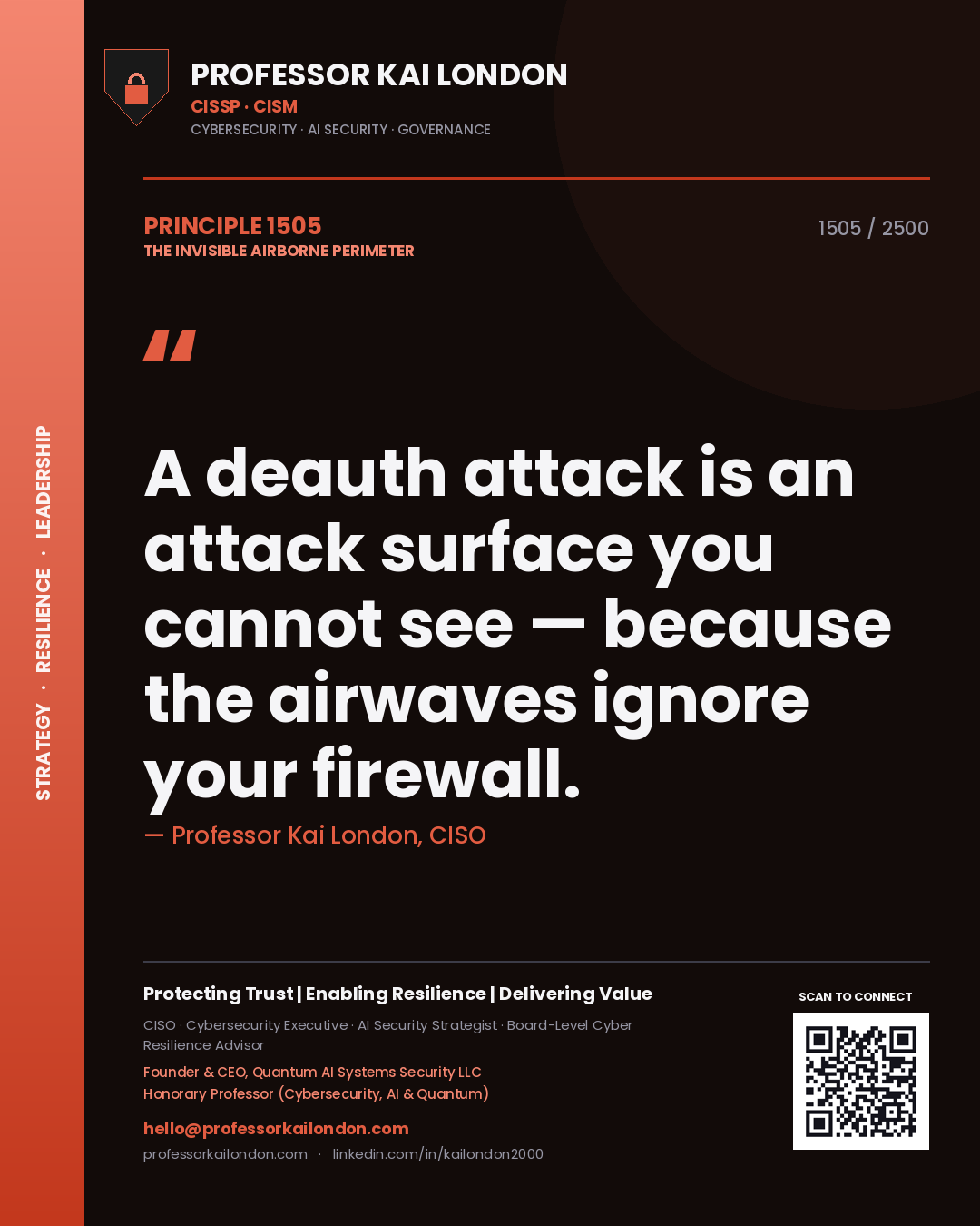 Quote card by Professor Kai London reading 'A deauth attack is an attack surface you cannot see — because the airwaves ignore your firewall.'. From the book The Invisible Airborne Perimeter.