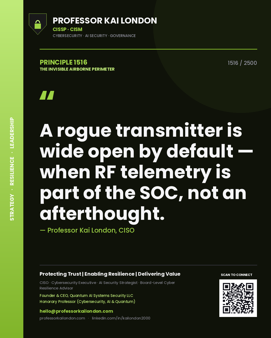 Quote card by Professor Kai London reading 'A rogue transmitter is wide open by default — when RF telemetry is part of the SOC, not an afterthought.'. From the book The Invisible Airborne Perimeter.