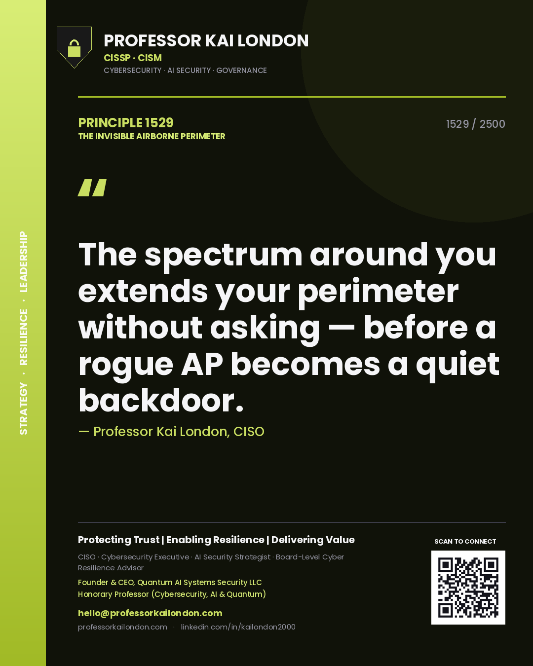Quote card by Professor Kai London reading 'The spectrum around you extends your perimeter without asking — before a rogue AP becomes a quiet backdoor.'. From the book The Invisible Airborne Perimeter.