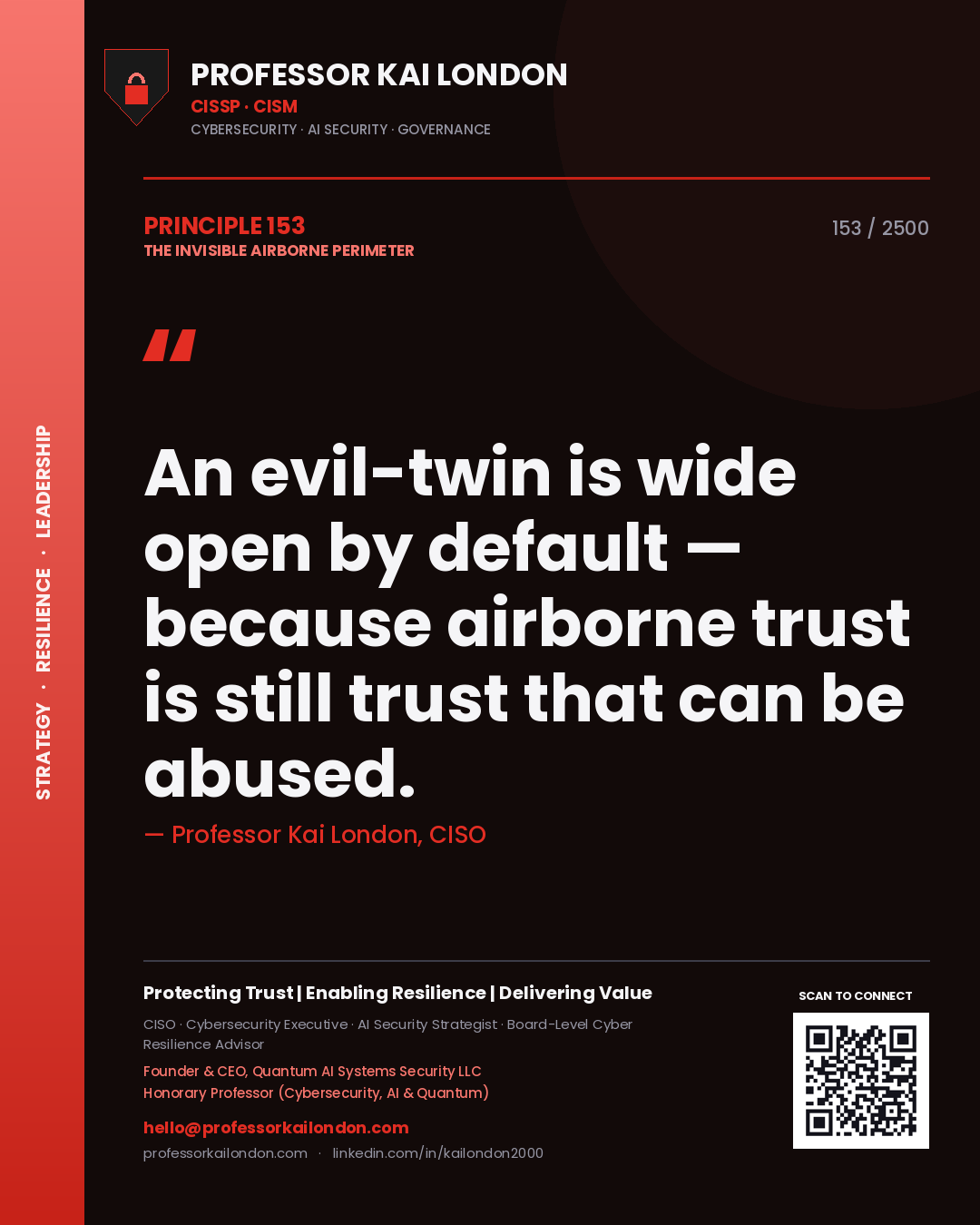Quote card by Professor Kai London reading 'An evil-twin is wide open by default — because airborne trust is still trust that can be abused.'. From the book The Invisible Airborne Perimeter.