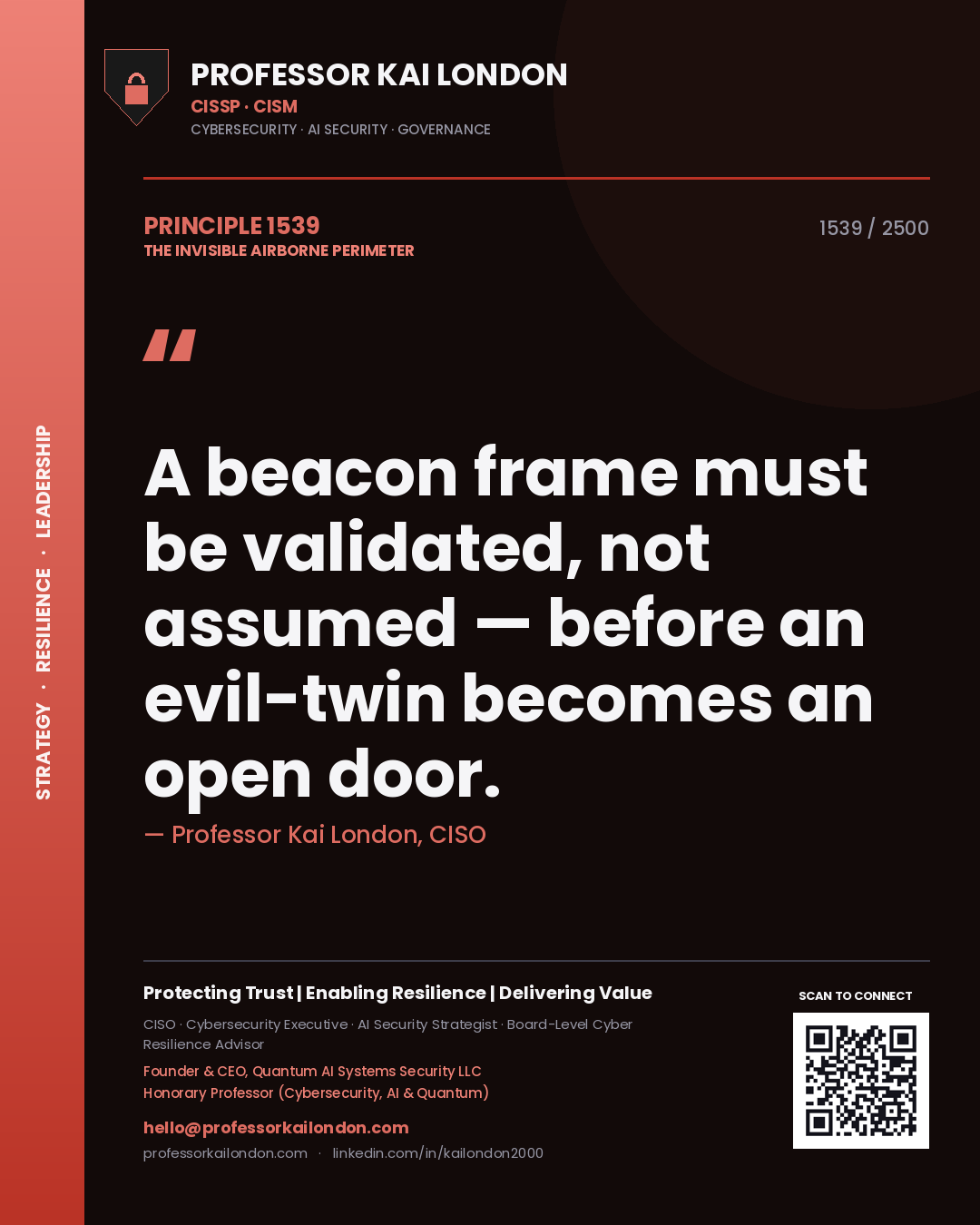 Quote card by Professor Kai London reading 'A beacon frame must be validated, not assumed — before an evil-twin becomes an open door.'. From the book The Invisible Airborne Perimeter.