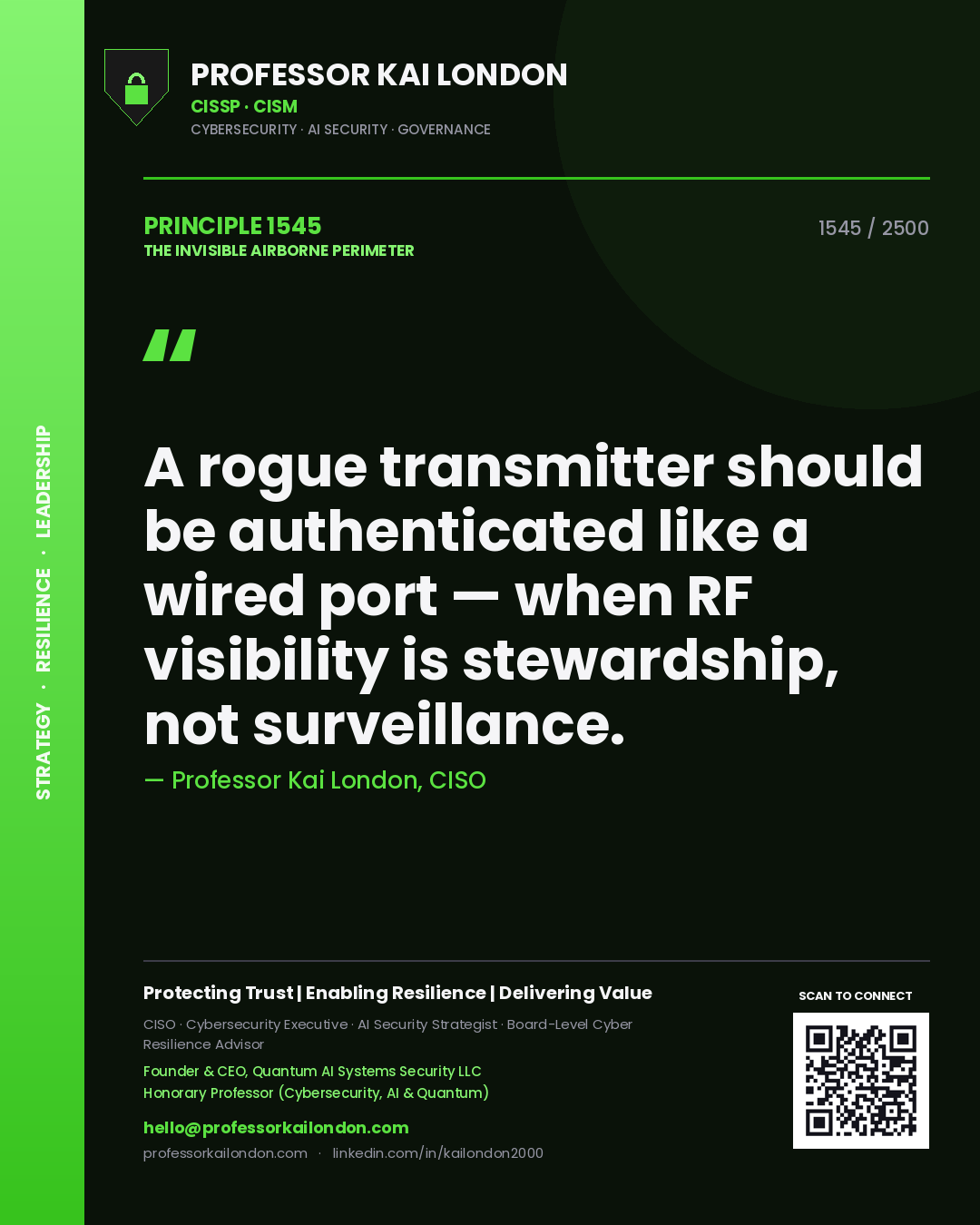 Professor Kai London principle 1545: A rogue transmitter should be authenticated like a wired port — when RF visibility is stewardship, not surveillance.