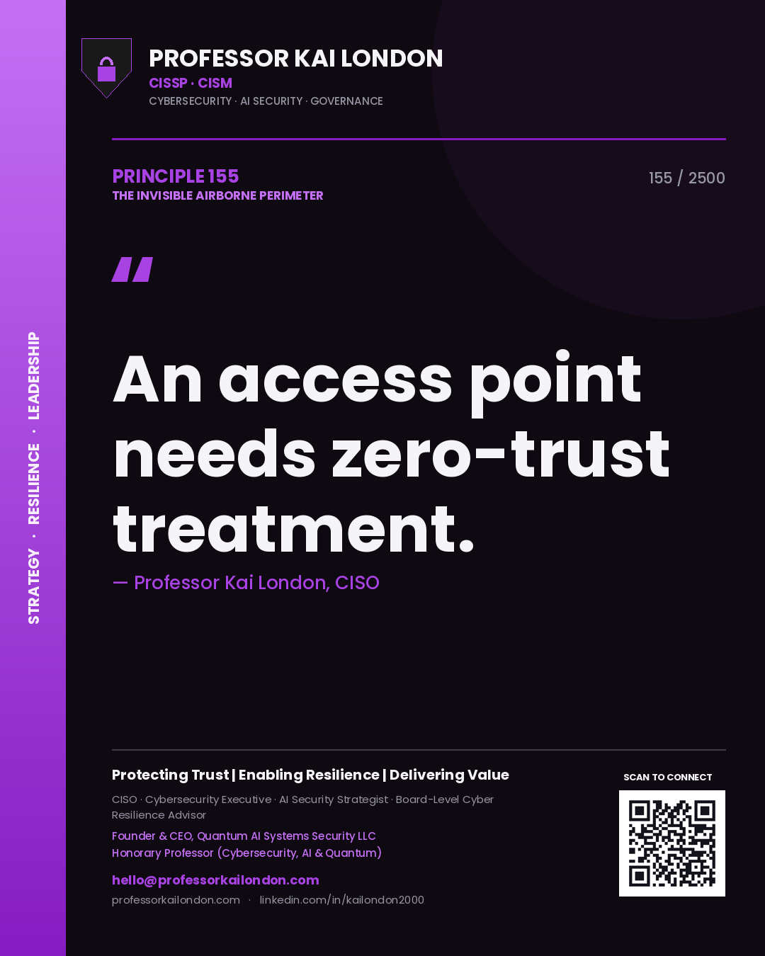 Quote card by Professor Kai London reading 'An access point needs zero-trust treatment.'. From the book The Invisible Airborne Perimeter.