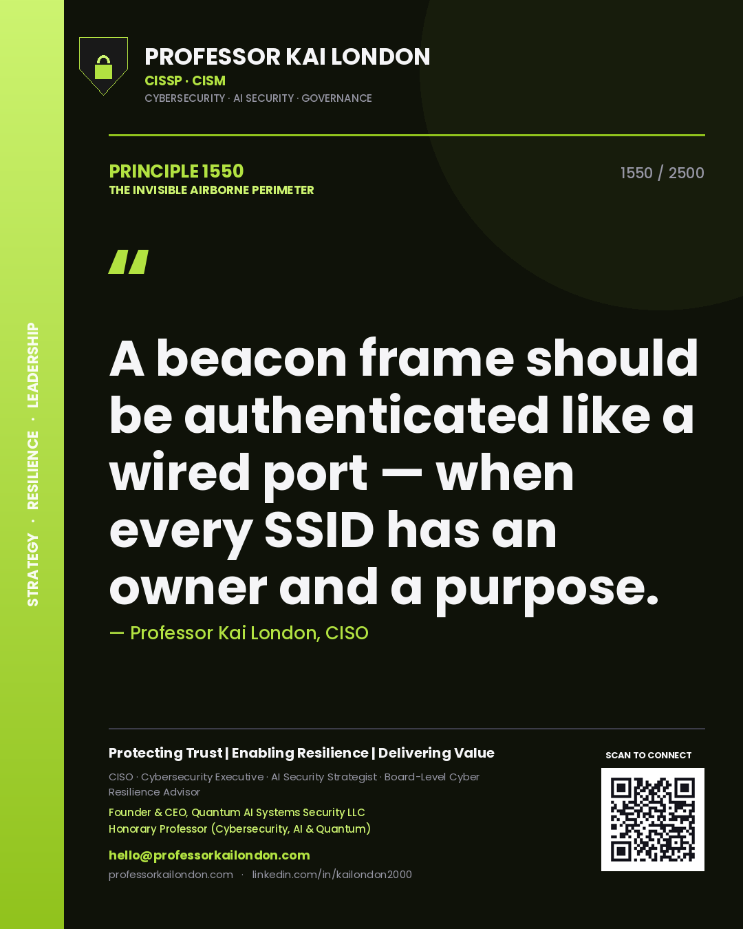 Quote card by Professor Kai London reading 'A beacon frame should be authenticated like a wired port — when every SSID has an owner and a purpose.'. From the book The Invisible Airborne Perimeter.