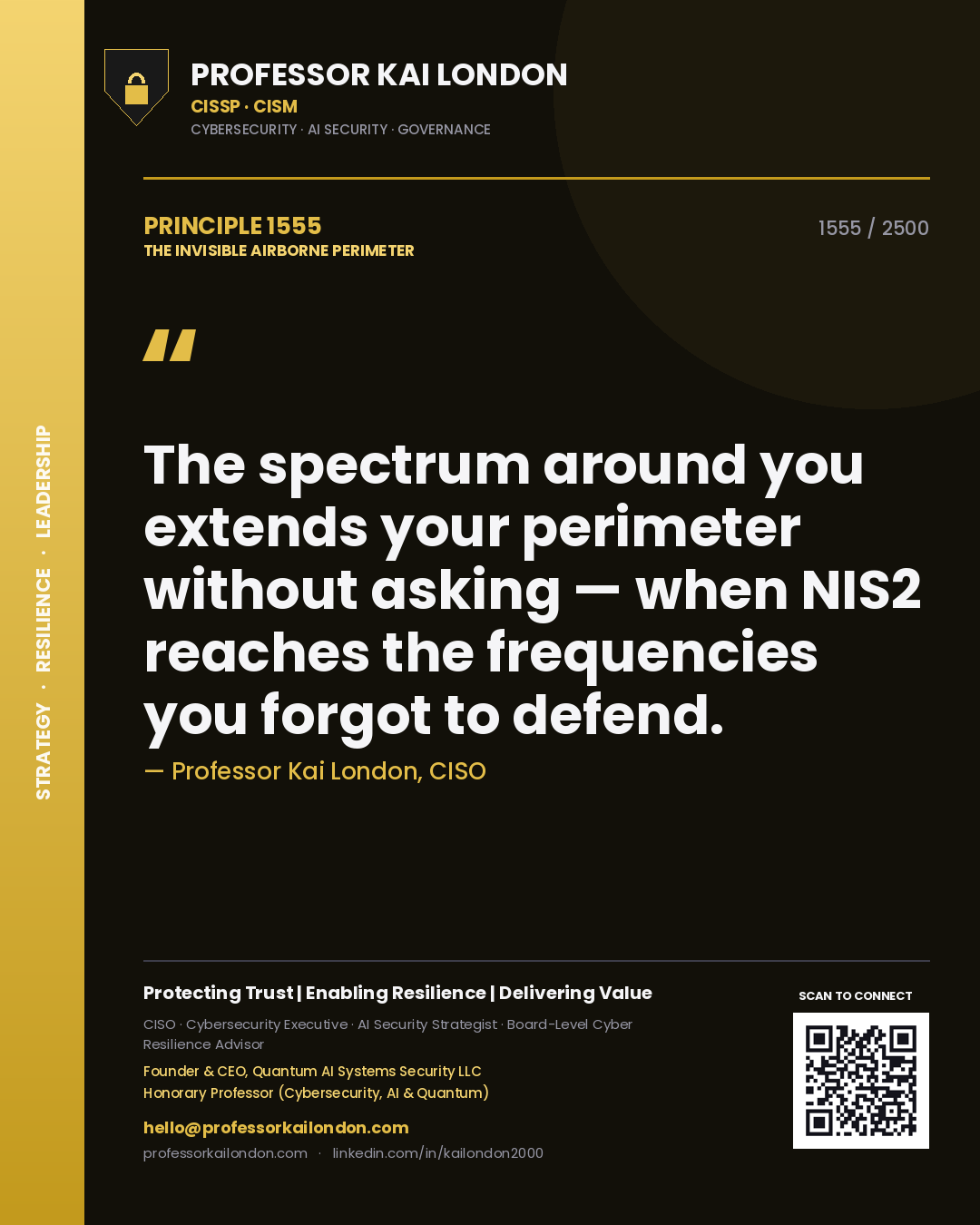 Quote card by Professor Kai London reading 'The spectrum around you extends your perimeter without asking — when NIS2 reaches the frequencies you forgot to defend.'. From the book The Invisible Airborne Perimeter.