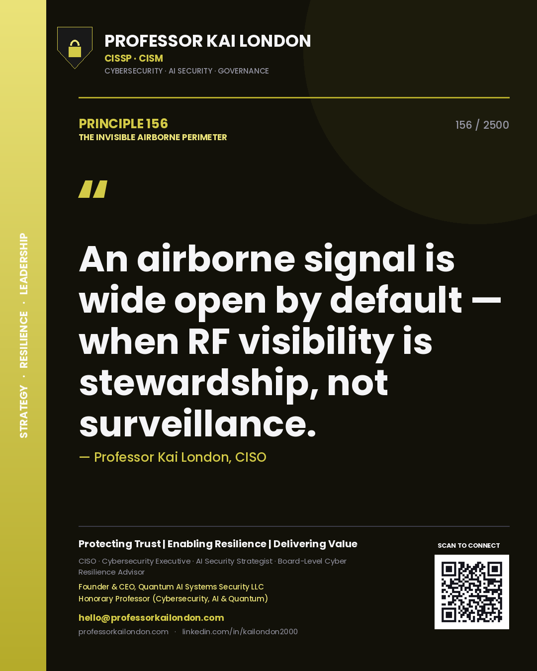Quote card by Professor Kai London reading 'An airborne signal is wide open by default — when RF visibility is stewardship, not surveillance.'. From the book The Invisible Airborne Perimeter.