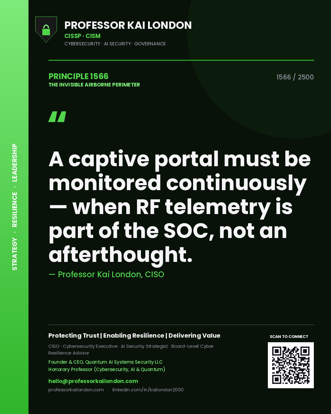Quote card by Professor Kai London reading 'A captive portal must be monitored continuously — when RF telemetry is part of the SOC, not an afterthought.'. From the book The Invisible Airborne Perimeter.