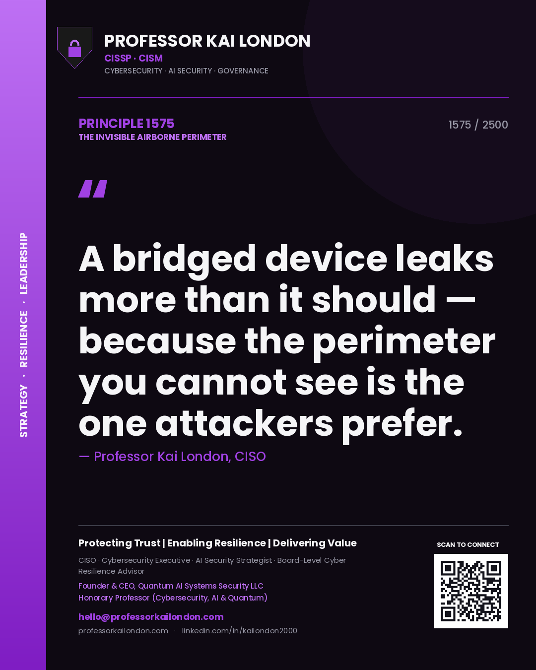 Quote card by Professor Kai London reading 'A bridged device leaks more than it should — because the perimeter you cannot see is the one attackers prefer.'. From the book The Invisible Airborne Perimeter.
