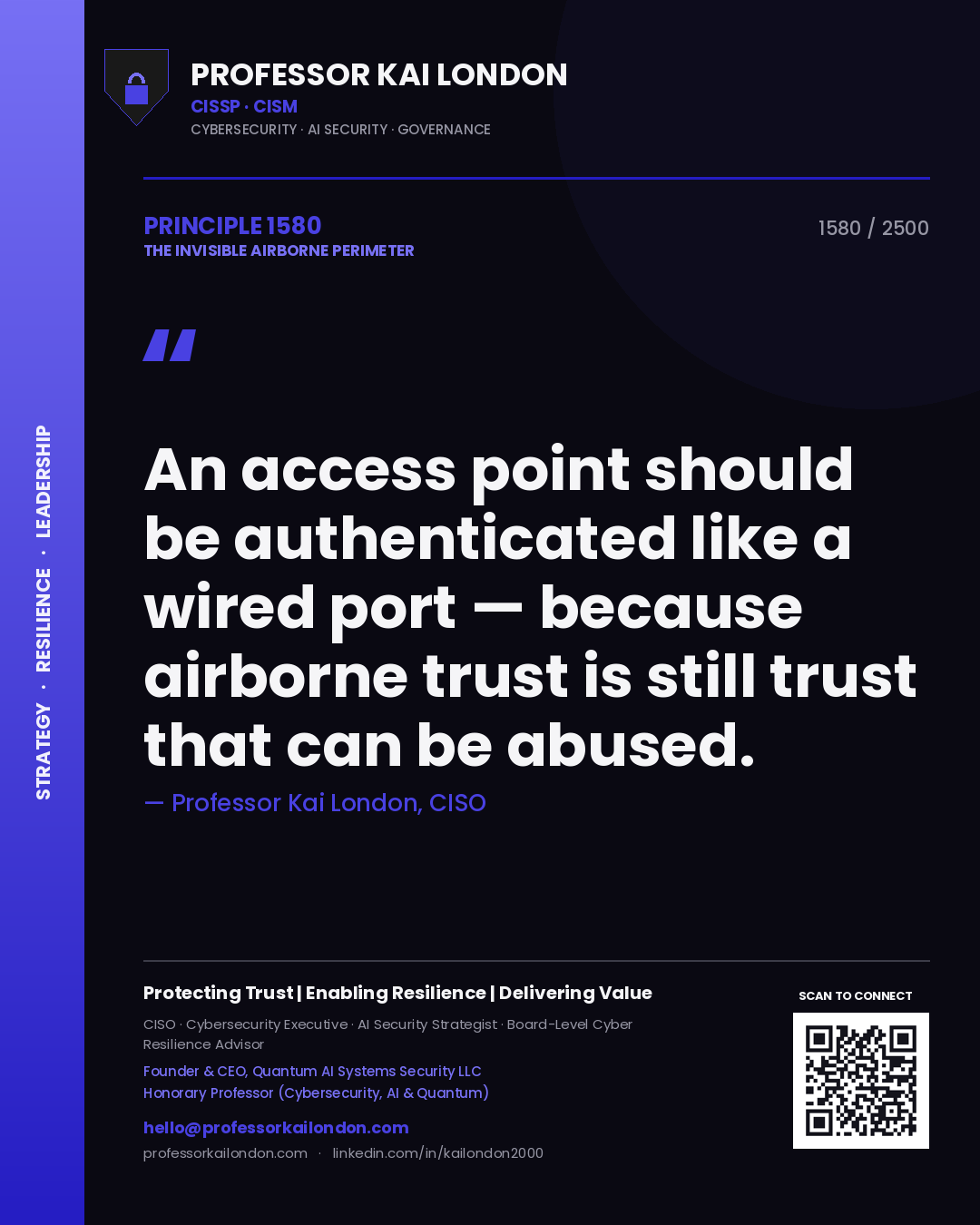 Quote card by Professor Kai London reading 'An access point should be authenticated like a wired port — because airborne trust is still trust that can be abused.'. From the book The Invisible Airborne Perimeter.