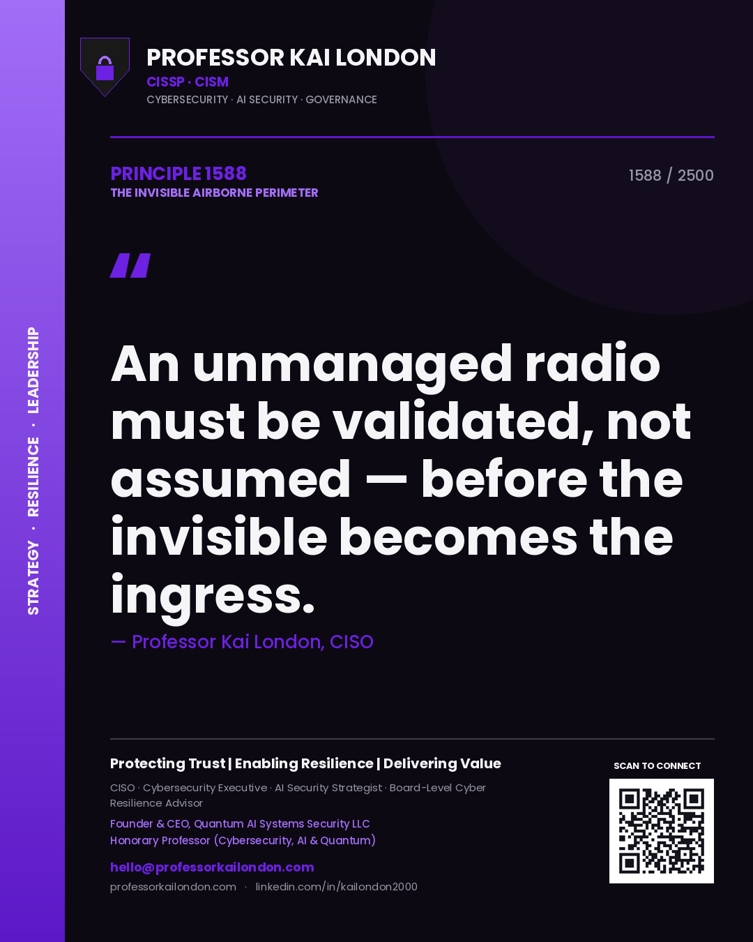 Quote card by Professor Kai London reading 'An unmanaged radio must be validated, not assumed — before the invisible becomes the ingress.'. From the book The Invisible Airborne Perimeter.