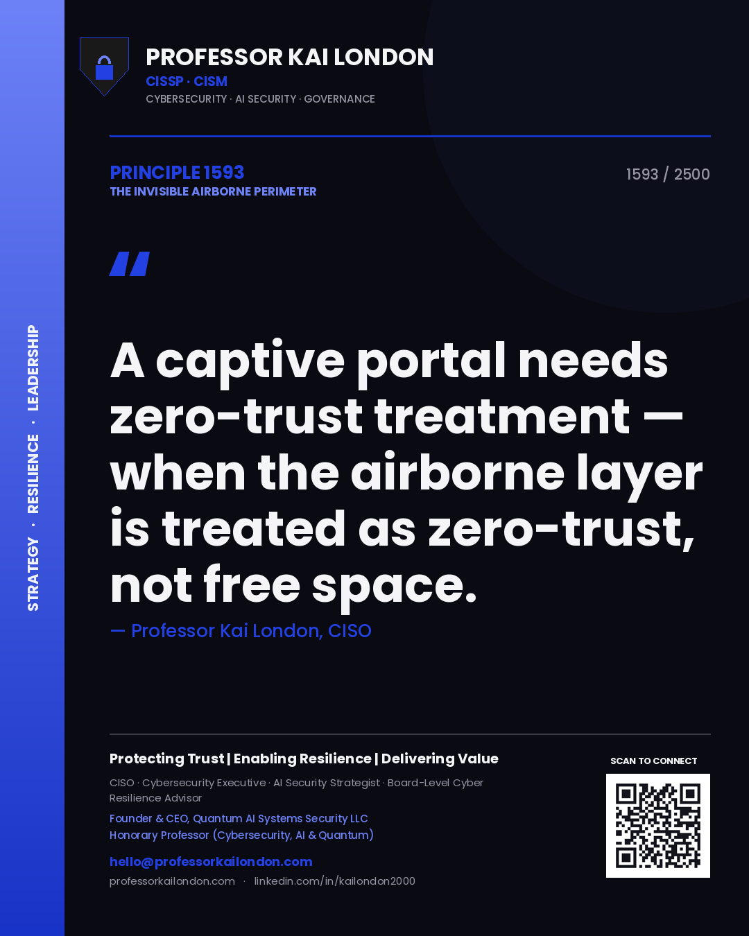 Quote card by Professor Kai London reading 'A captive portal needs zero-trust treatment — when the airborne layer is treated as zero-trust, not free space.'. From the book The Invisible Airborne Perimeter.