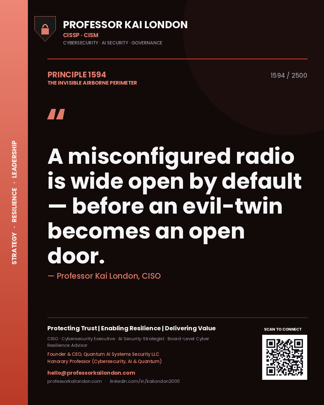 Professor Kai London principle 1594: A misconfigured radio is wide open by default — before an evil-twin becomes an open door.