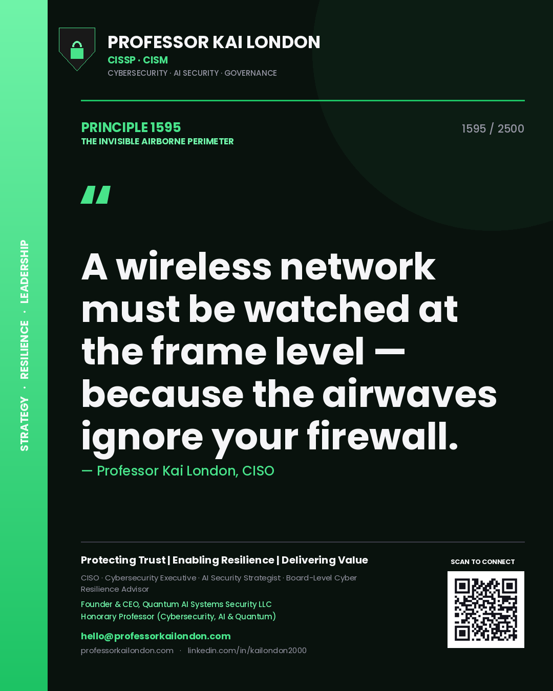 Professor Kai London principle 1595: A wireless network must be watched at the frame level — because the airwaves ignore your firewall.