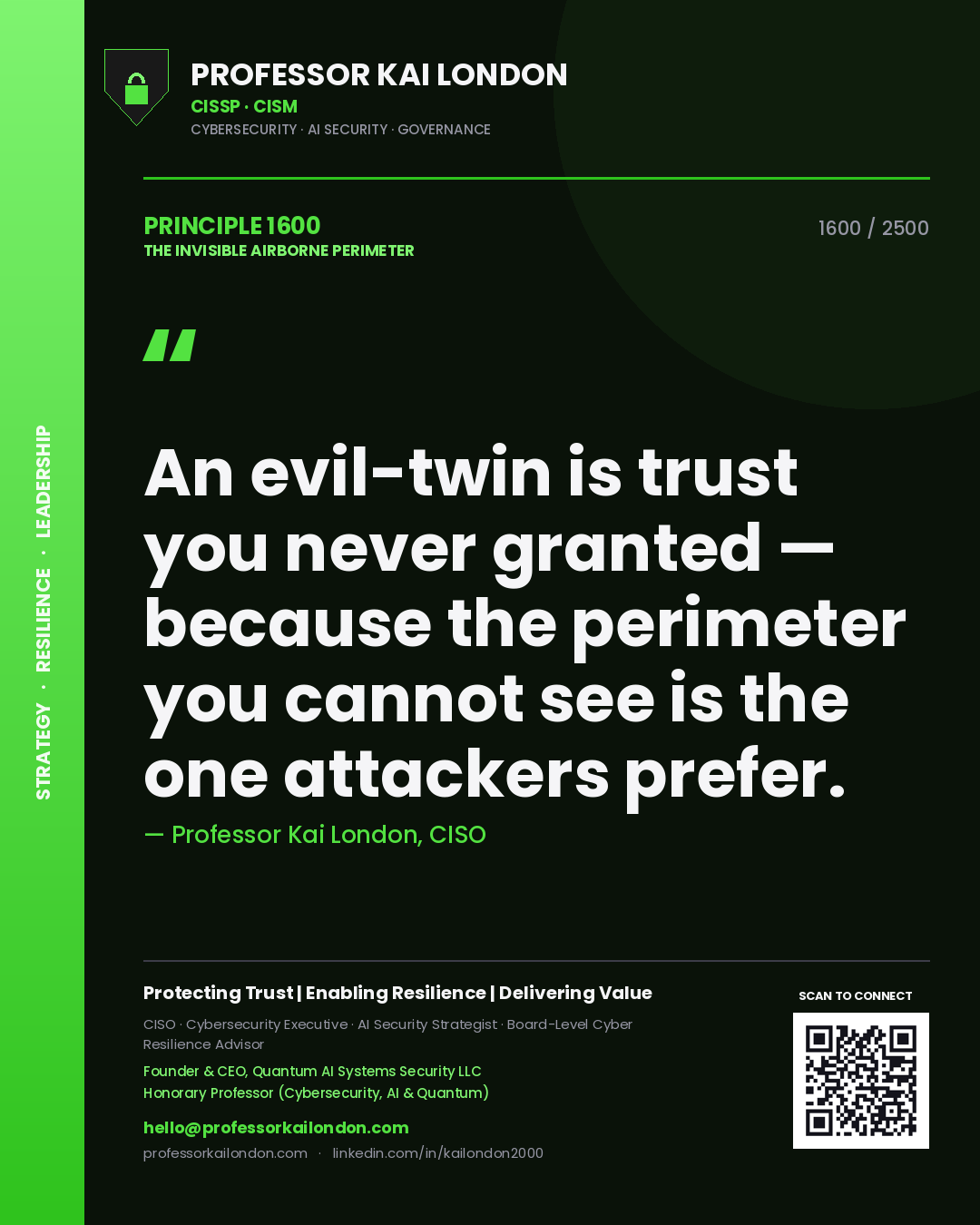 Quote card by Professor Kai London reading 'An evil-twin is trust you never granted — because the perimeter you cannot see is the one attackers prefer.'. From the book The Invisible Airborne Perimeter.
