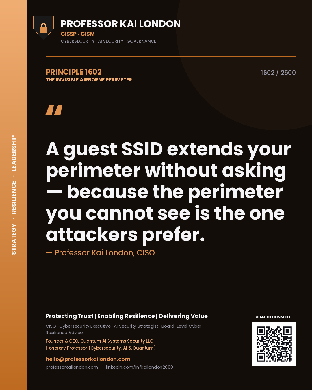 Quote card by Professor Kai London reading 'A guest SSID extends your perimeter without asking — because the perimeter you cannot see is the one attackers prefer.'. From the book The Invisible Airborne Perimeter.