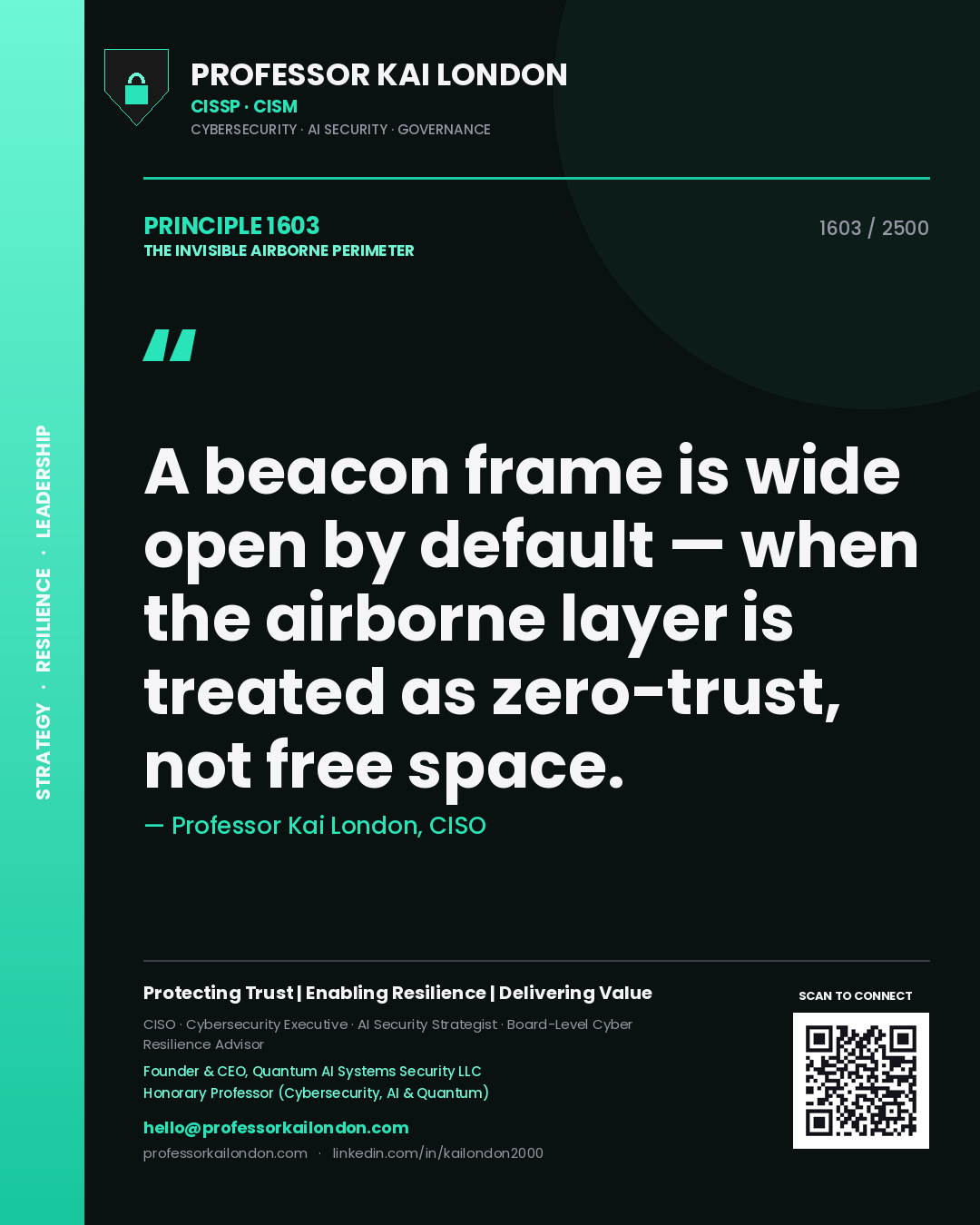 Professor Kai London principle 1603: A beacon frame is wide open by default — when the airborne layer is treated as zero-trust, not free space.