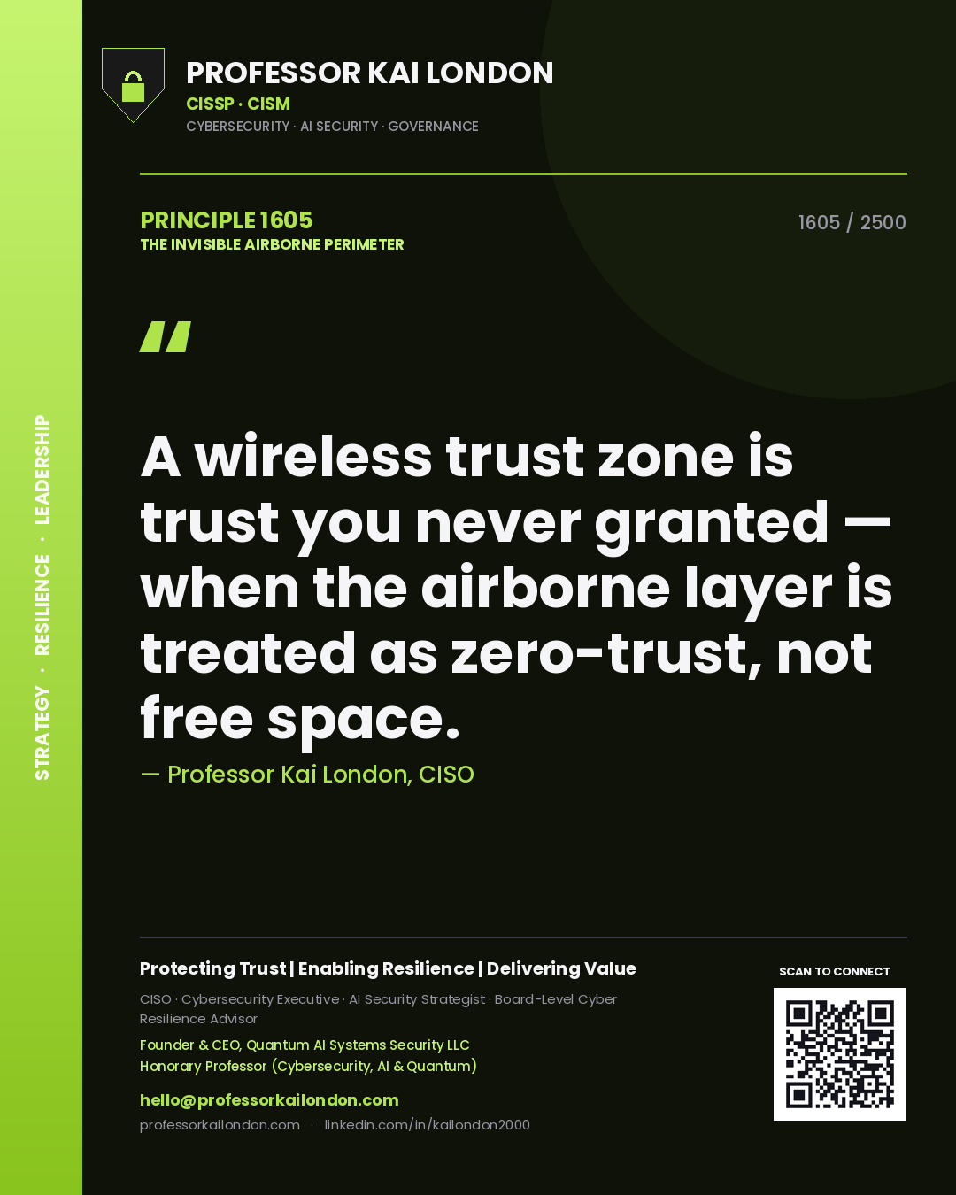 Professor Kai London principle 1605: A wireless trust zone is trust you never granted — when the airborne layer is treated as zero-trust, not free space.