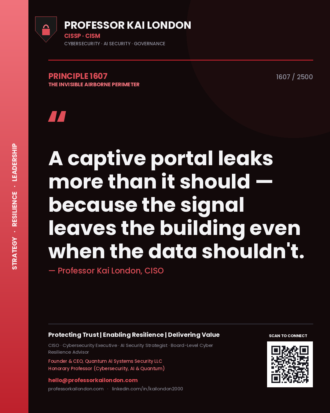 Quote card by Professor Kai London reading 'A captive portal leaks more than it should — because the signal leaves the building even when the data shouldn't.'. From the book The Invisible Airborne Perimeter.
