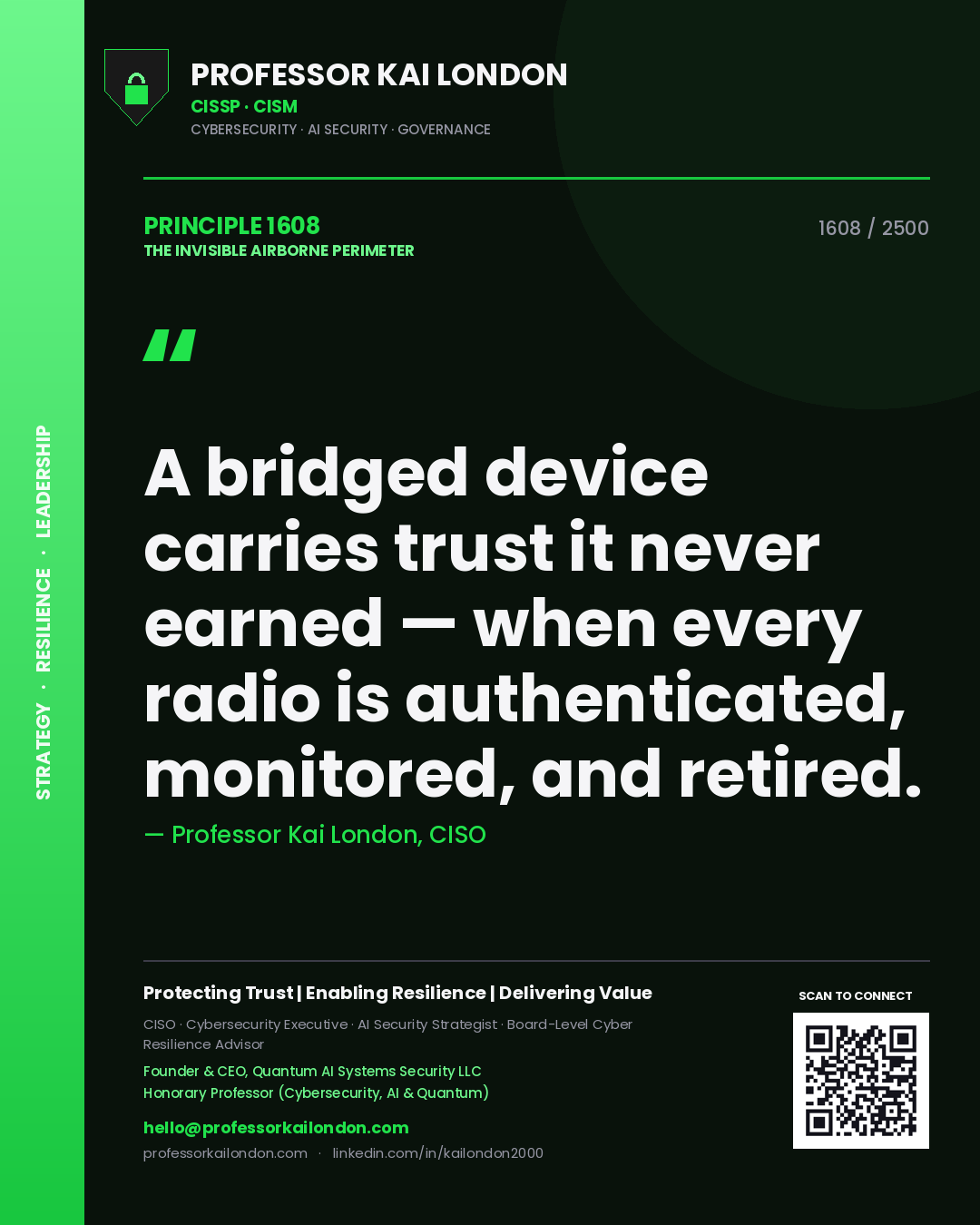 Quote card by Professor Kai London reading 'A bridged device carries trust it never earned — when every radio is authenticated, monitored, and retired.'. From the book The Invisible Airborne Perimeter.