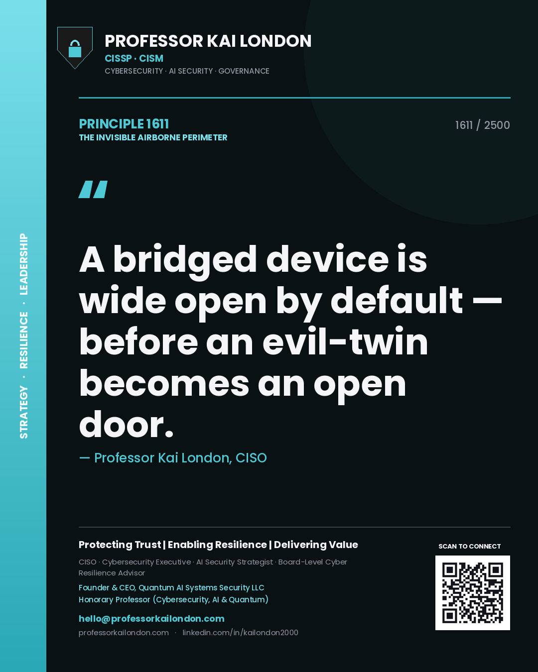 Quote card by Professor Kai London reading 'A bridged device is wide open by default — before an evil-twin becomes an open door.'. From the book The Invisible Airborne Perimeter.