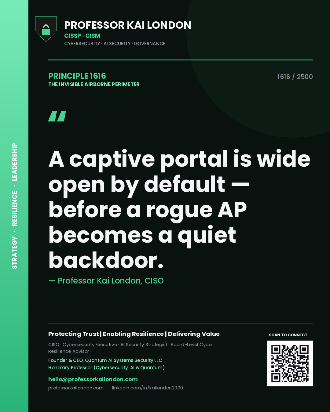 Quote card by Professor Kai London reading 'A captive portal is wide open by default — before a rogue AP becomes a quiet backdoor.'. From the book The Invisible Airborne Perimeter.