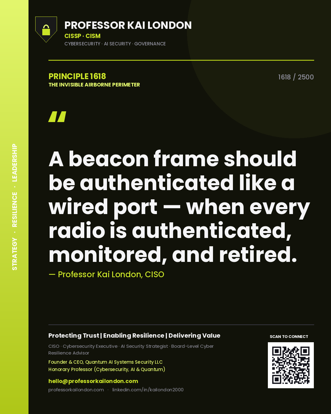 Quote card by Professor Kai London reading 'A beacon frame should be authenticated like a wired port — when every radio is authenticated, monitored, and retired.'. From the book The Invisible Airborne Perimeter.