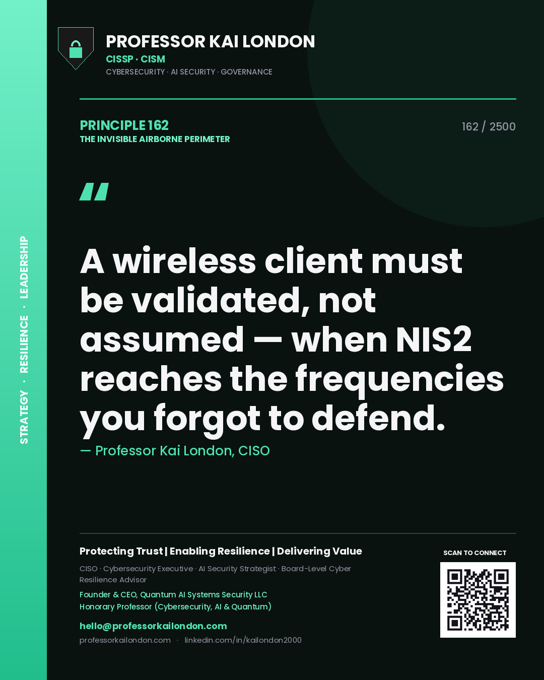 Quote card by Professor Kai London reading 'A wireless client must be validated, not assumed — when NIS2 reaches the frequencies you forgot to defend.'. From the book The Invisible Airborne Perimeter.