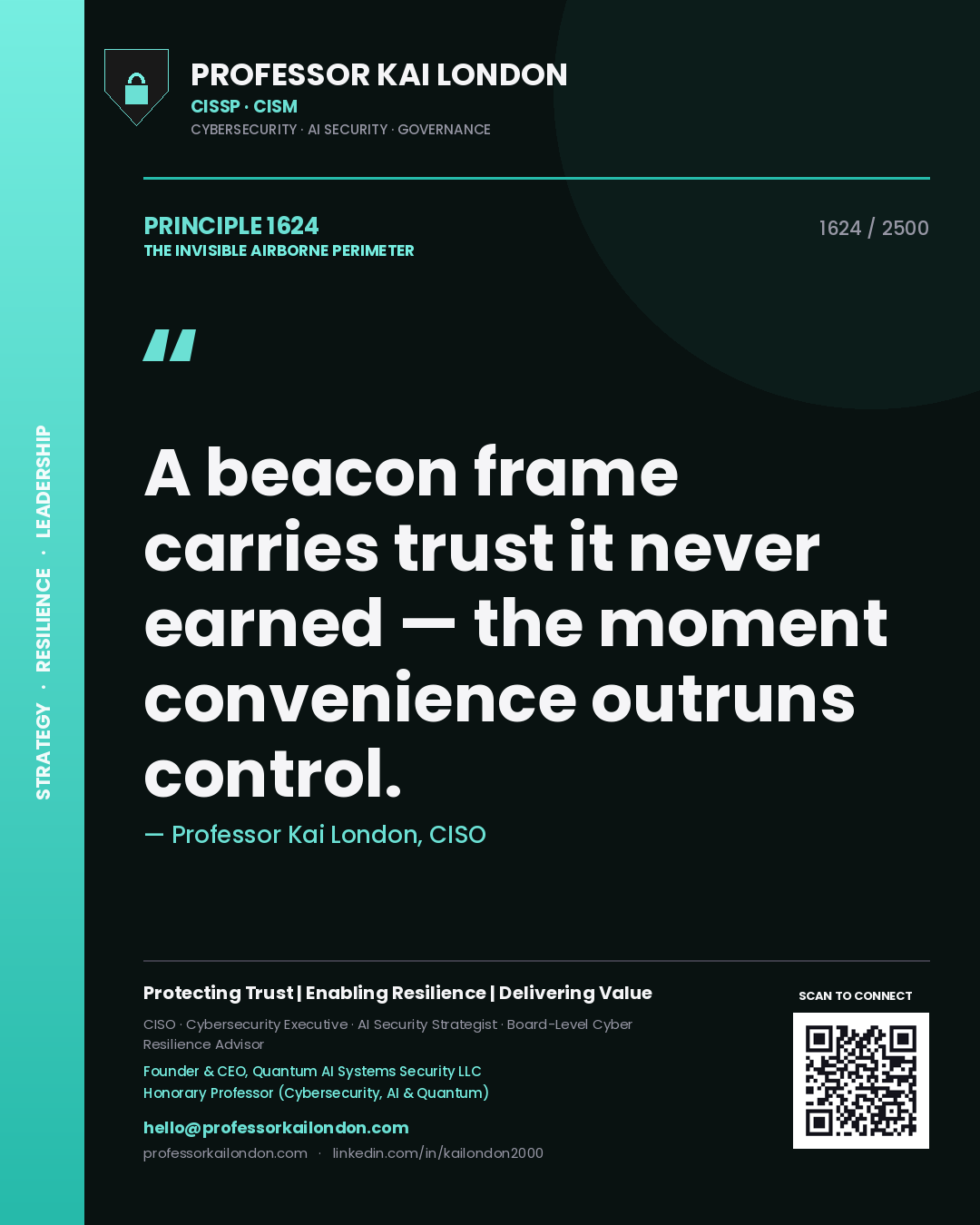 Quote card by Professor Kai London reading 'A beacon frame carries trust it never earned — the moment convenience outruns control.'. From the book The Invisible Airborne Perimeter.