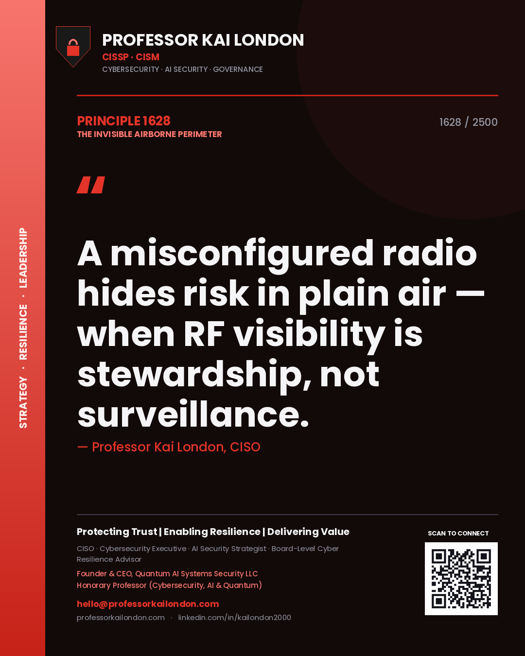 Quote card by Professor Kai London reading 'A misconfigured radio hides risk in plain air — when RF visibility is stewardship, not surveillance.'. From the book The Invisible Airborne Perimeter.