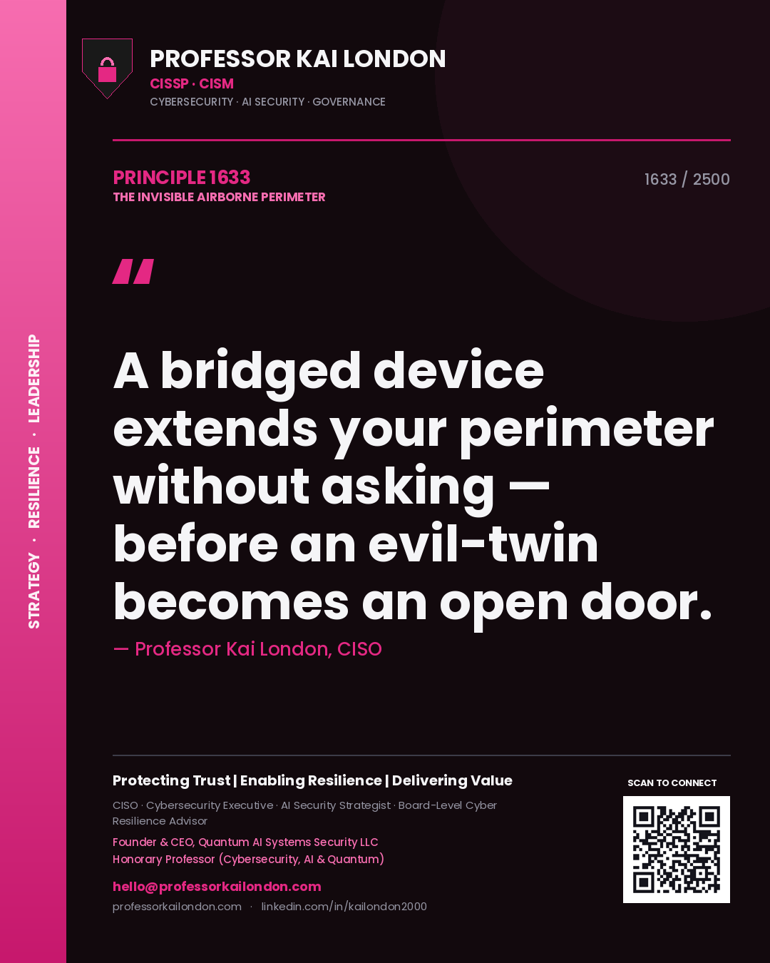 Professor Kai London principle 1633: A bridged device extends your perimeter without asking — before an evil-twin becomes an open door.
