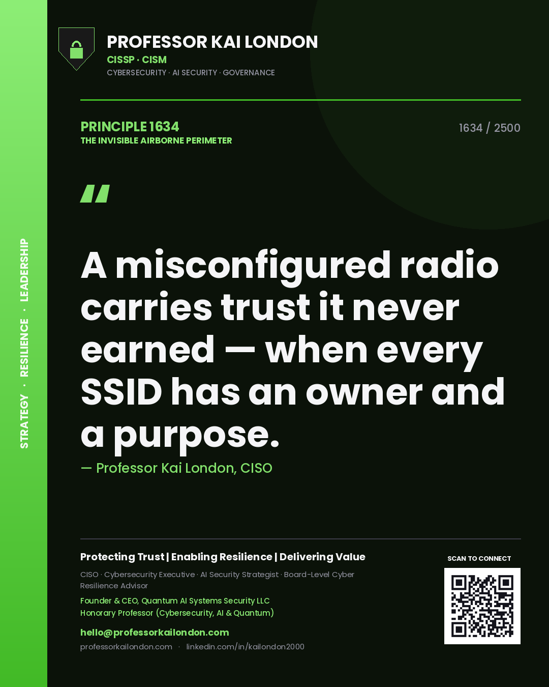 Quote card by Professor Kai London reading 'A misconfigured radio carries trust it never earned — when every SSID has an owner and a purpose.'. From the book The Invisible Airborne Perimeter.