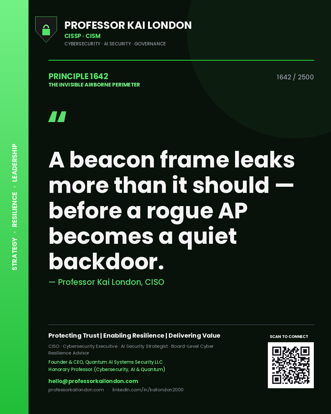 Quote card by Professor Kai London reading 'A beacon frame leaks more than it should — before a rogue AP becomes a quiet backdoor.'. From the book The Invisible Airborne Perimeter.