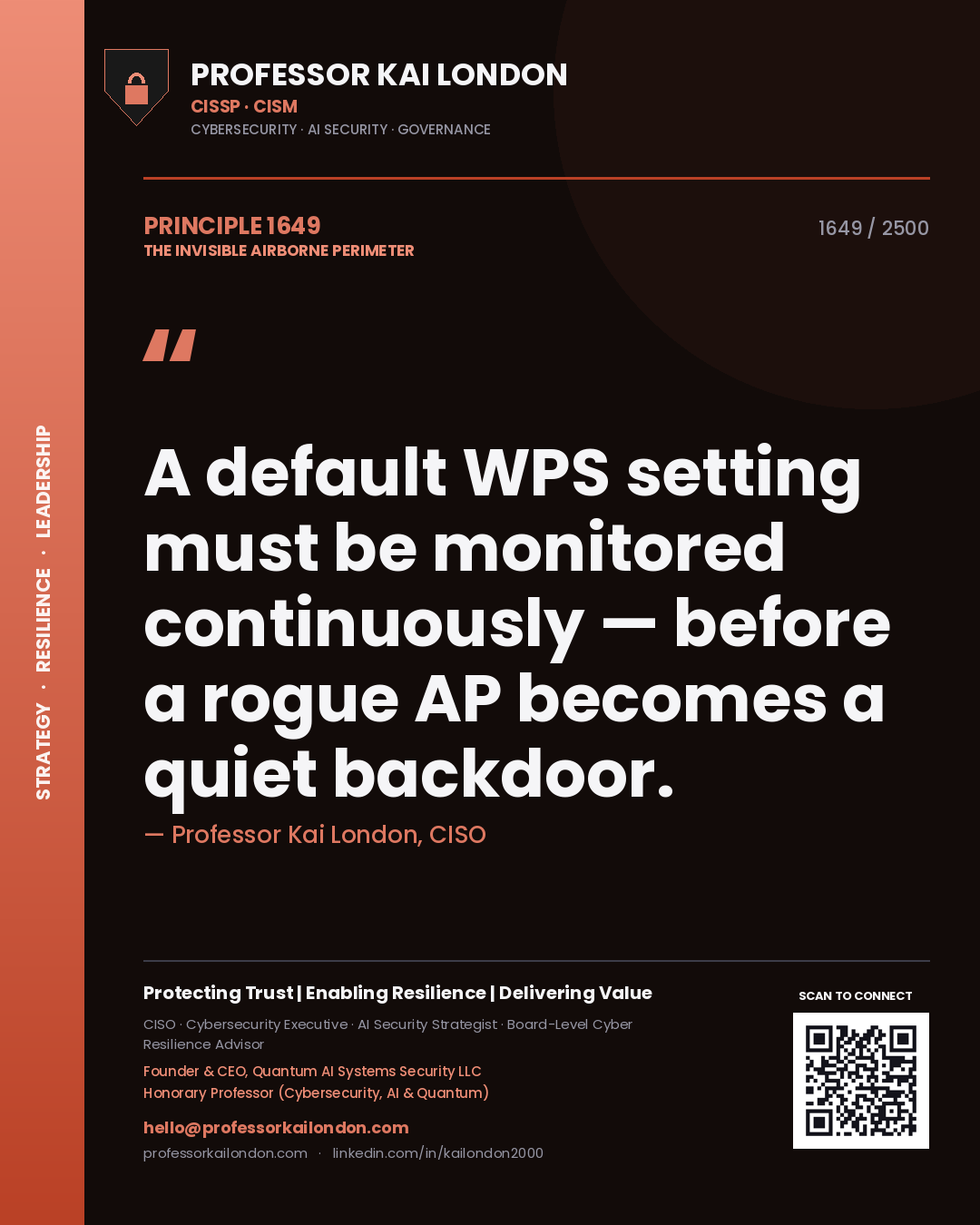 Quote card by Professor Kai London reading 'A default WPS setting must be monitored continuously — before a rogue AP becomes a quiet backdoor.'. From the book The Invisible Airborne Perimeter.