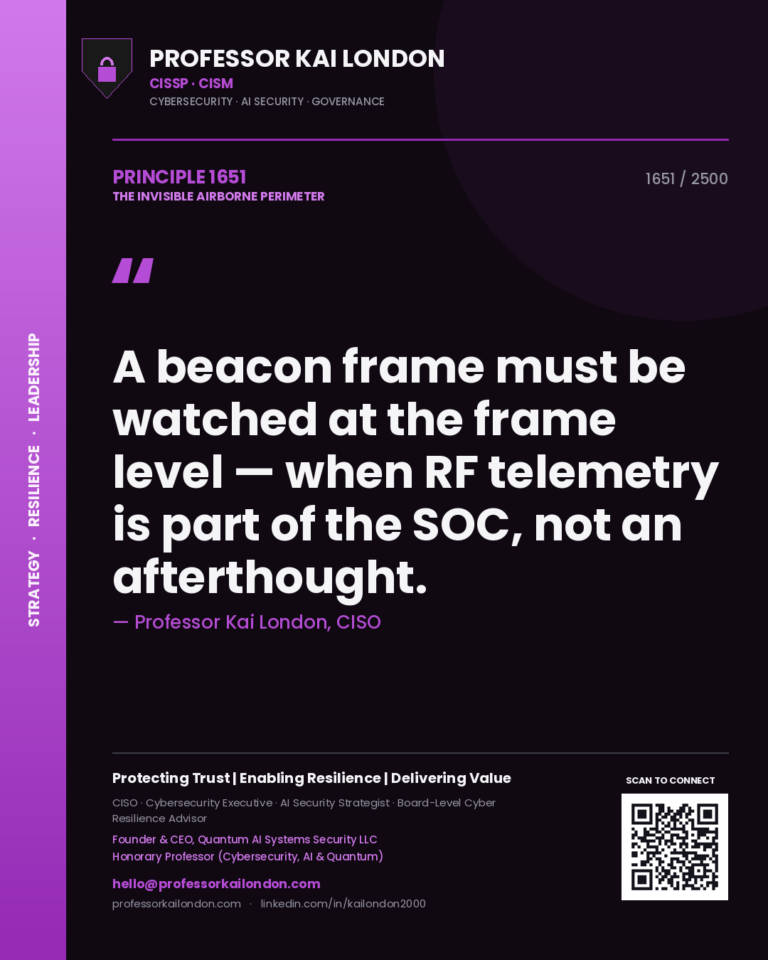 Professor Kai London principle 1651: A beacon frame must be watched at the frame level — when RF telemetry is part of the SOC, not an afterthought.