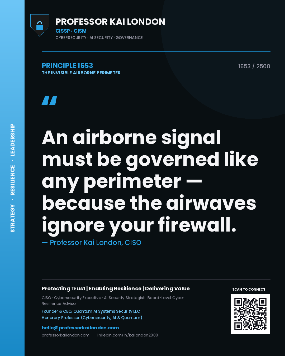 Quote card by Professor Kai London reading 'An airborne signal must be governed like any perimeter — because the airwaves ignore your firewall.'. From the book The Invisible Airborne Perimeter.