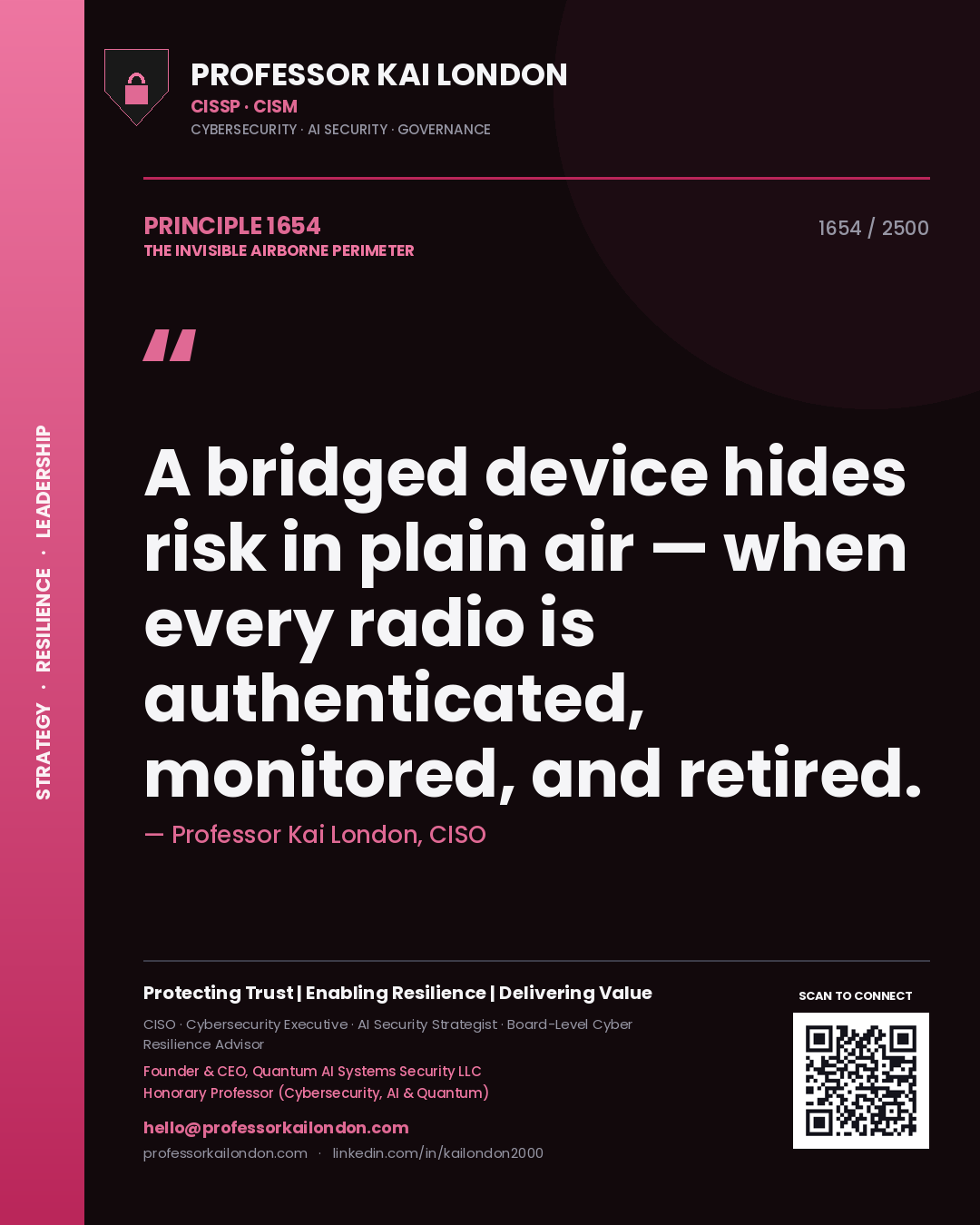 Professor Kai London principle 1654: A bridged device hides risk in plain air — when every radio is authenticated, monitored, and retired.