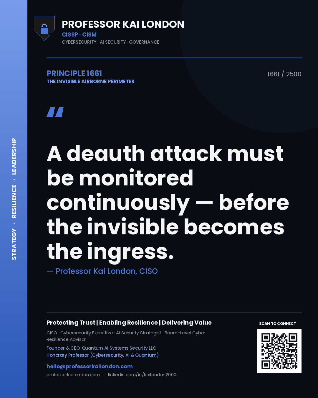 Quote card by Professor Kai London reading 'A deauth attack must be monitored continuously — before the invisible becomes the ingress.'. From the book The Invisible Airborne Perimeter.