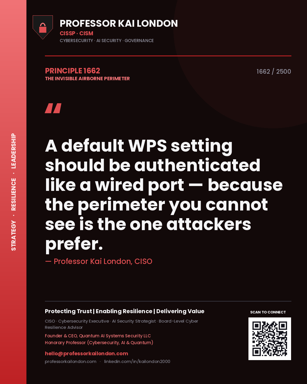Quote card by Professor Kai London reading 'A default WPS setting should be authenticated like a wired port — because the perimeter you cannot see is the one attackers prefer.'. From the book The Invisible Airborne Perimeter.