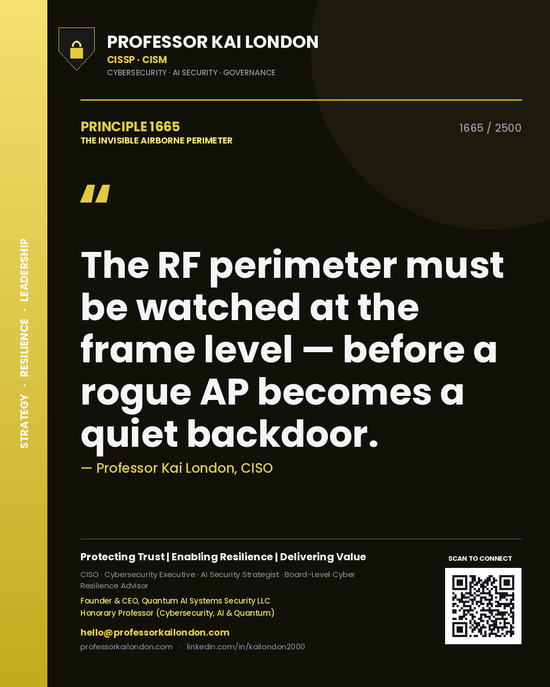 Quote card by Professor Kai London reading 'The RF perimeter must be watched at the frame level — before a rogue AP becomes a quiet backdoor.'. From the book The Invisible Airborne Perimeter.