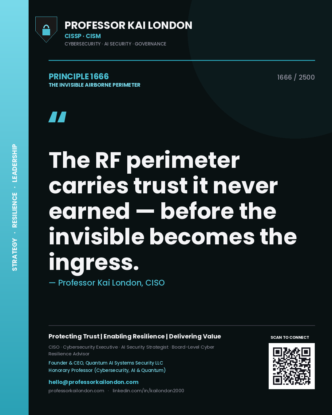 Quote card by Professor Kai London reading 'The RF perimeter carries trust it never earned — before the invisible becomes the ingress.'. From the book The Invisible Airborne Perimeter.