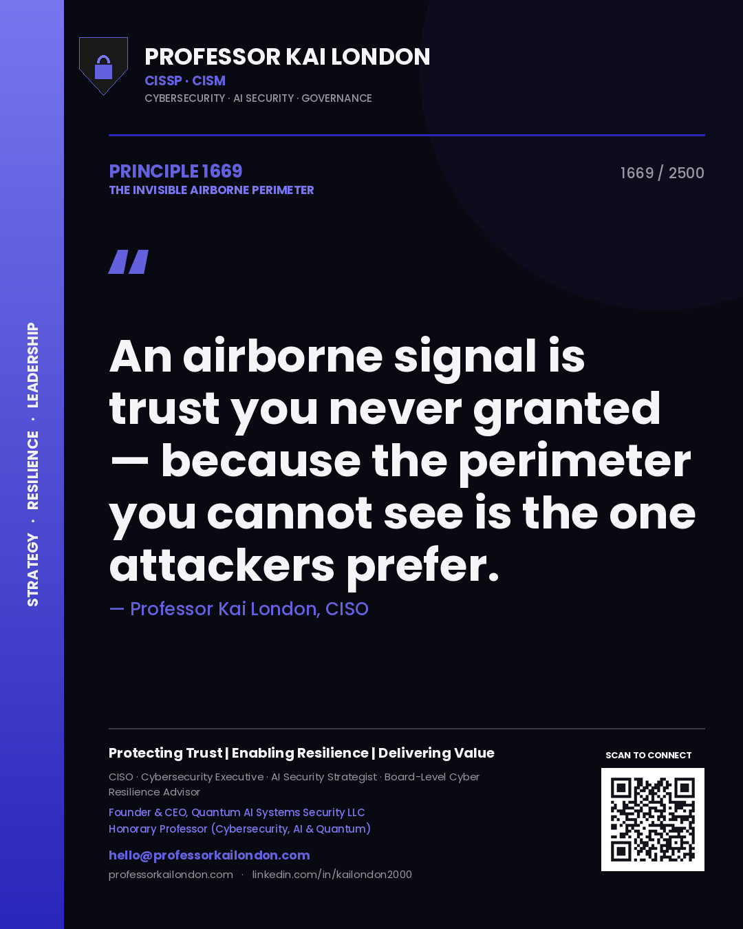Professor Kai London principle 1669: An airborne signal is trust you never granted — because the perimeter you cannot see is the one attackers prefer.