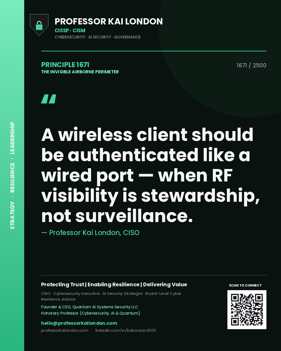 Quote card by Professor Kai London reading 'A wireless client should be authenticated like a wired port — when RF visibility is stewardship, not surveillance.'. From the book The Invisible Airborne Perimeter.