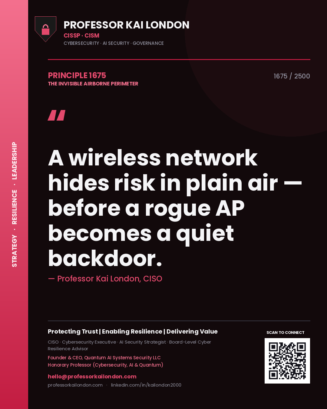 Quote card by Professor Kai London reading 'A wireless network hides risk in plain air — before a rogue AP becomes a quiet backdoor.'. From the book The Invisible Airborne Perimeter.