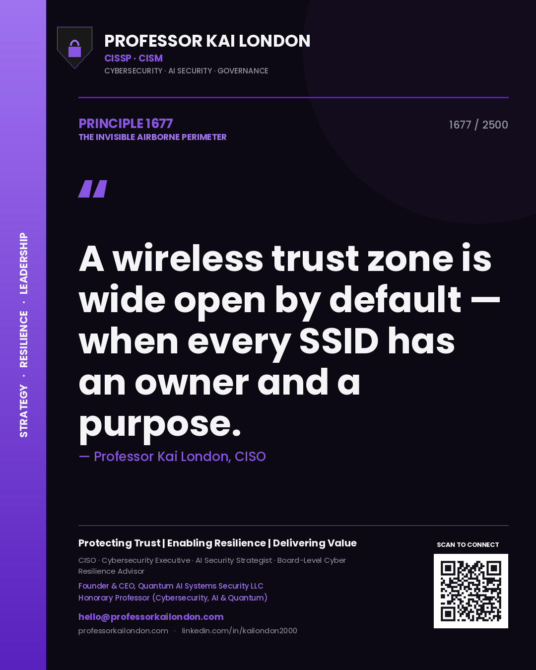 Quote card by Professor Kai London reading 'A wireless trust zone is wide open by default — when every SSID has an owner and a purpose.'. From the book The Invisible Airborne Perimeter.