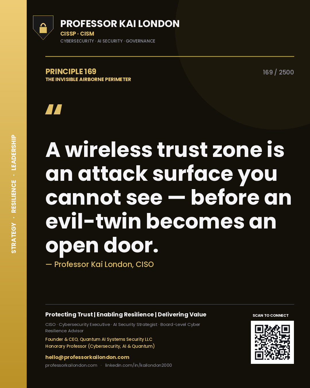 Quote card by Professor Kai London reading 'A wireless trust zone is an attack surface you cannot see — before an evil-twin becomes an open door.'. From the book The Invisible Airborne Perimeter.