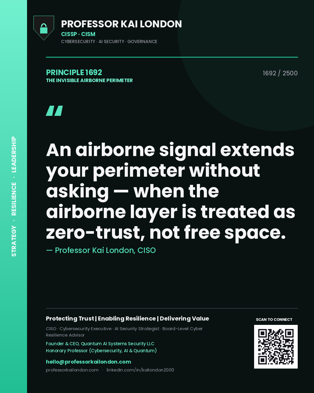 Professor Kai London principle 1692: An airborne signal extends your perimeter without asking — when the airborne layer is treated as zero-trust, not free space.