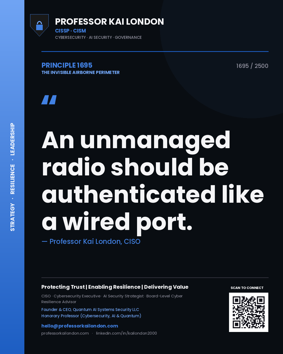 Quote card by Professor Kai London reading 'An unmanaged radio should be authenticated like a wired port.'. From the book The Invisible Airborne Perimeter.